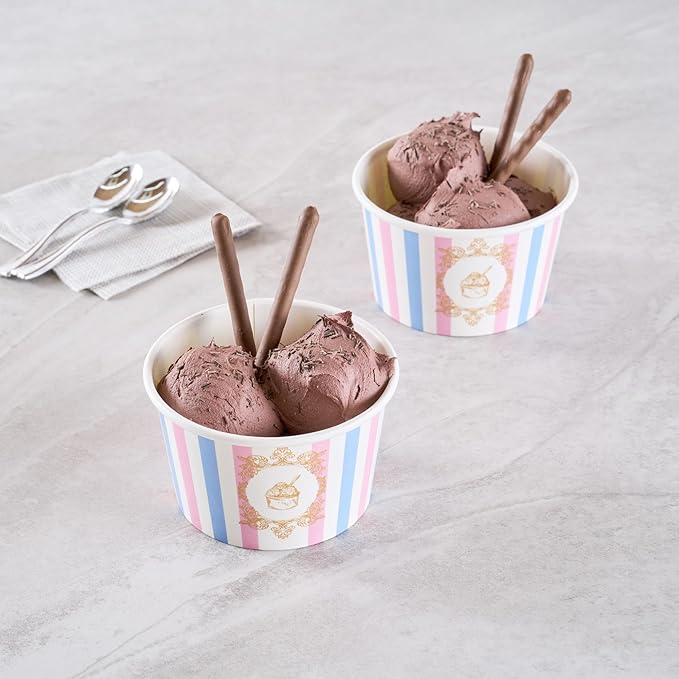 Coppetta 8 Ounce Dessert Cups, 50 Greaseproof Ice Cream Cups - Lids Sold Separately, For Hot And Cold Foods, Pink And Blue Stripe Paper Yogurt Bowls, Disposable, Sturdy - Restaurantware