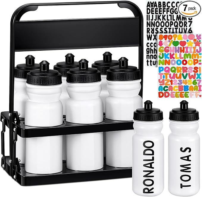 Suclain Water Bottle Carrier with 20 Oz Bottles and Stickers Plastic Wide Mouth Sports Water Bottle Squeeze Team Bottles with Black Lid for Fitness Bike Gym(7 Pcs,White)