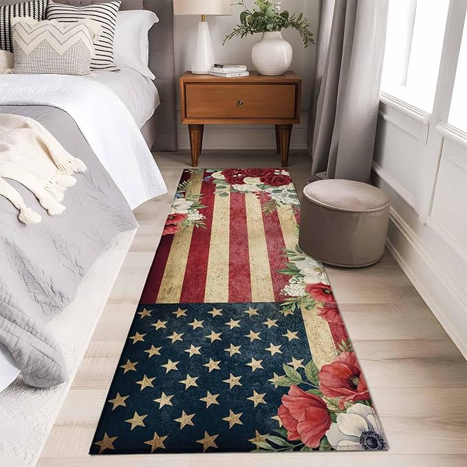 Runner Rug for Bedroom Hallway, Independence Day 250th Anniversary Kitchen Runner Rugs Area Rug 2x6ft, Vintage USA Flag Floral Washable Soft Floor Carpet for Entryway Stair