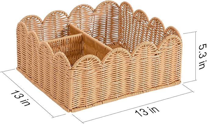 Rattan Divided Scalloped Basket,Wicker Diaper Caddy Scalloped Baske,Woven Natural Basket with 4 Dividers,Suitable for Baby Rooms, Bathrooms, Bedrooms (Imitation Rattan)