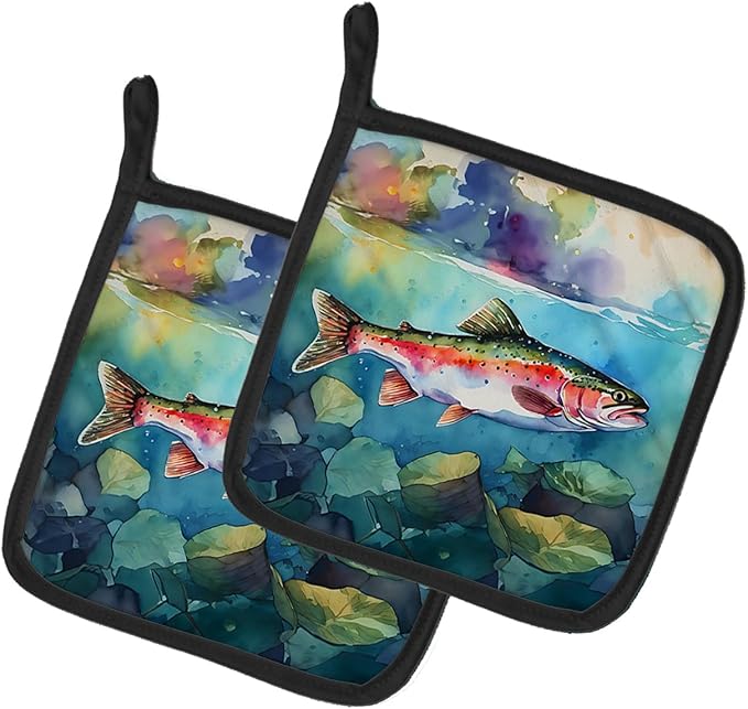Caroline's Treasures Rainbow Trout Pair of Pot Holders Kitchen Heat Resistant Pot Holders Sets Oven Hot Pads for Cooking Baking BBQ, 7 1/2 x 7 1/2
