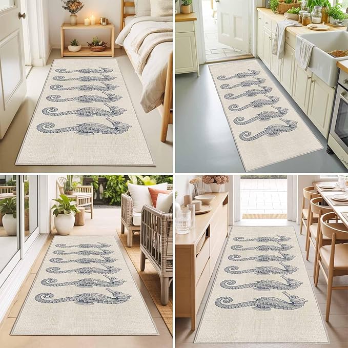 Runner Rug for Bedroom Hallway, Marine Life Seahorse on Burlap Kitchen Runner Rugs Area Rug 2x6ft, Farmhouse Ocean Theme Washable Soft Floor Carpet for Entryway Stair