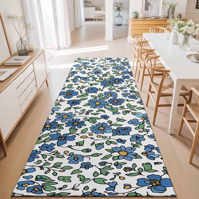 Runner Rug for Bedroom Hallway, Blue Tiny Flowers Green Leaves Kitchen Runner Rugs Area Rug 2x6ft, Farmhouse Botanical Washable Soft Floor Carpet for Entryway Stair