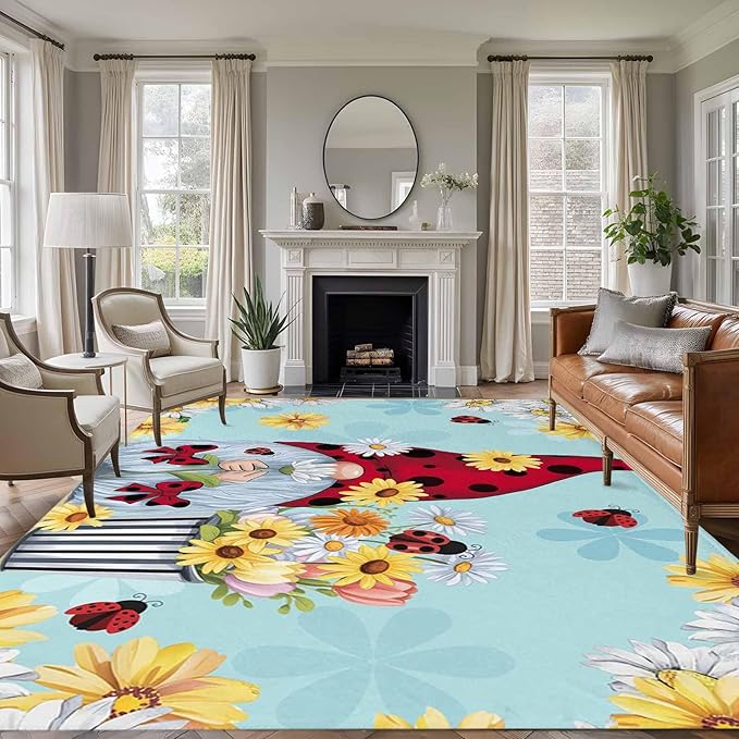 Area Rug 6x9ft, Summer Ladybug Gnome Daisy Flower Washable Rugs for Living Room Bedroom, Watercolor Bloom Floral on Blue Soft Non-Slip Area Rugs Rectangle Floor Carpet for Dining Room
