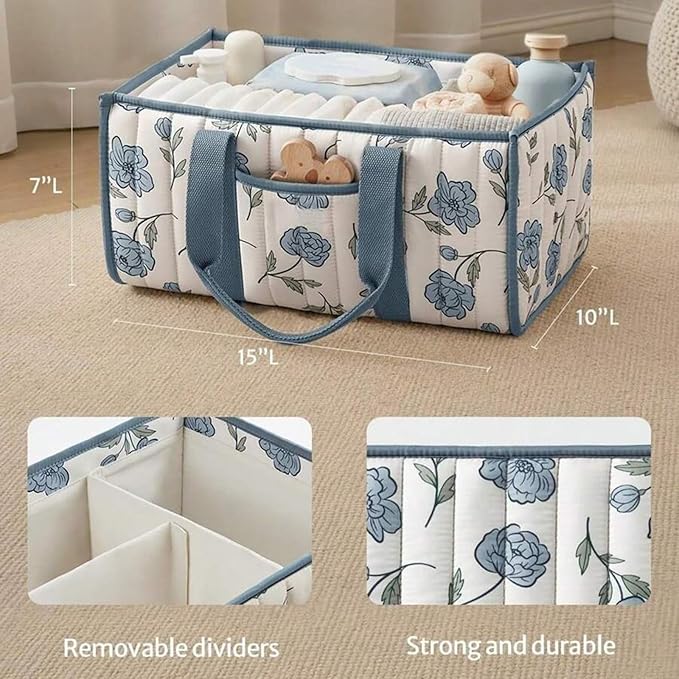 Quilted Fabric Storage Basket Floral Baby Diaper Caddy Quilted Basket for Nursery Bedroom Car Storage (L- Blue 02)