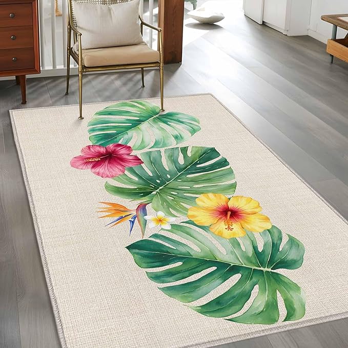Area Rug 4x6ft, Country Monstera Hibiscus Foliage Washable Rugs for Living Room Bedroom, Tropical Plant Vintage Linen Soft Non-Slip Area Rugs Rectangle Floor Carpet for Dining Room