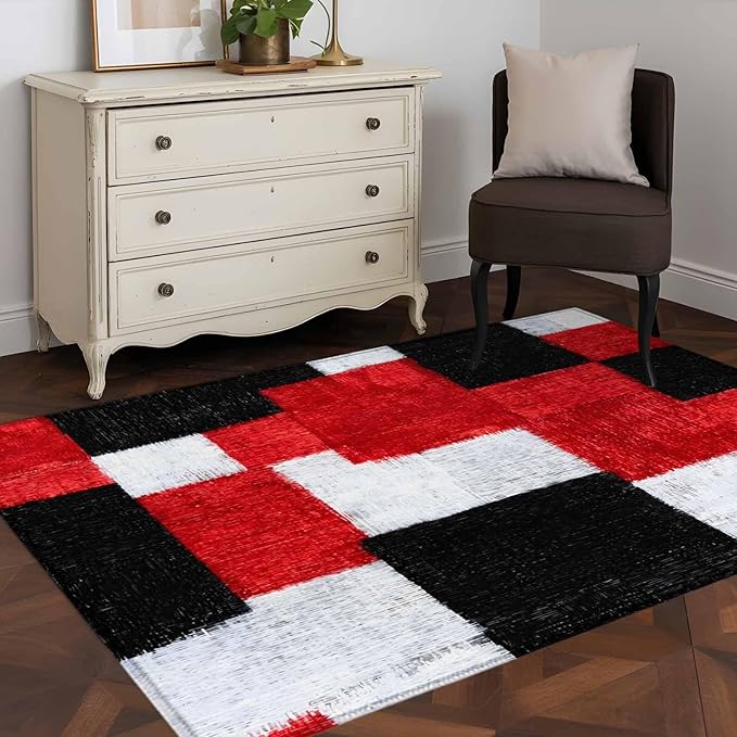 Area Rug 3x5ft, Red Black White Gradient Washable Rugs for Living Room Bedroom, Abstract Color Block Soft Non-Slip Area Rugs Rectangle Floor Carpet for Dining Room