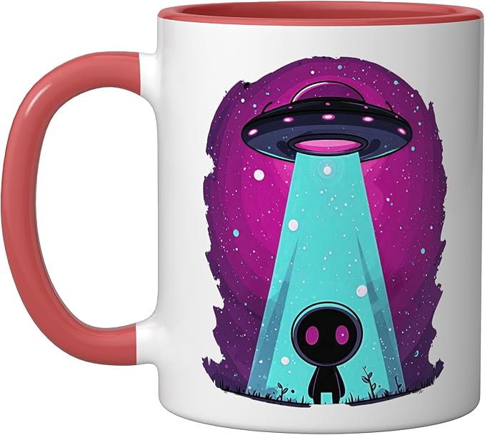 Cute Alien Abduction UFO Retro Space Sci Fi Kawaii Ceramic Mug, Red/White