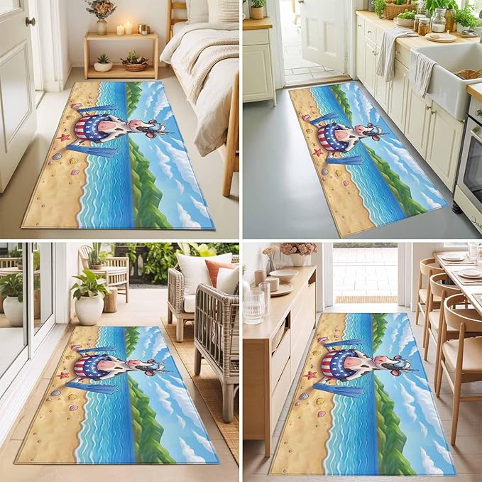 Runner Rug for Bedroom Hallway, Summer Beach Snorkeling Cow Kitchen Runner Rugs Area Rug 2x6ft, Ocean Starfish Funny Animal Art Washable Soft Floor Carpet for Entryway Stair