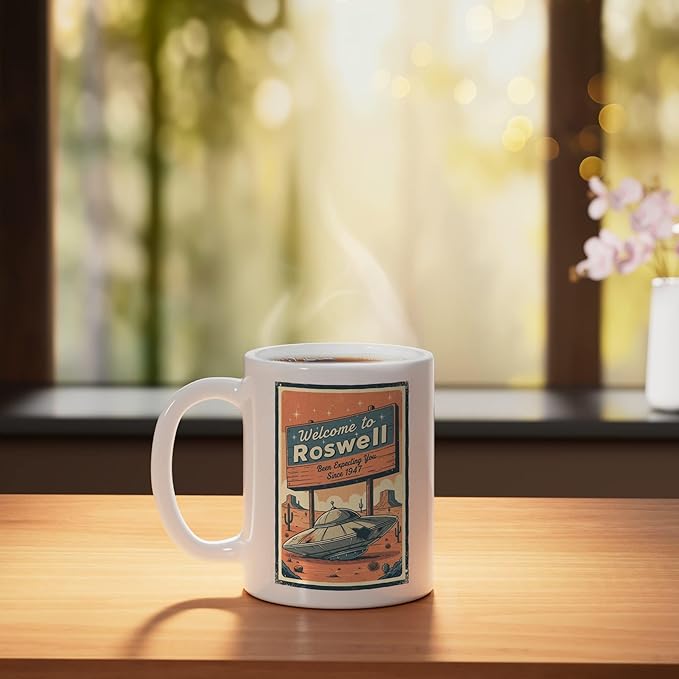 Roswell UFO Retro Tourism Souvenir Flying Saucer Crash Alien Ceramic Mug, White