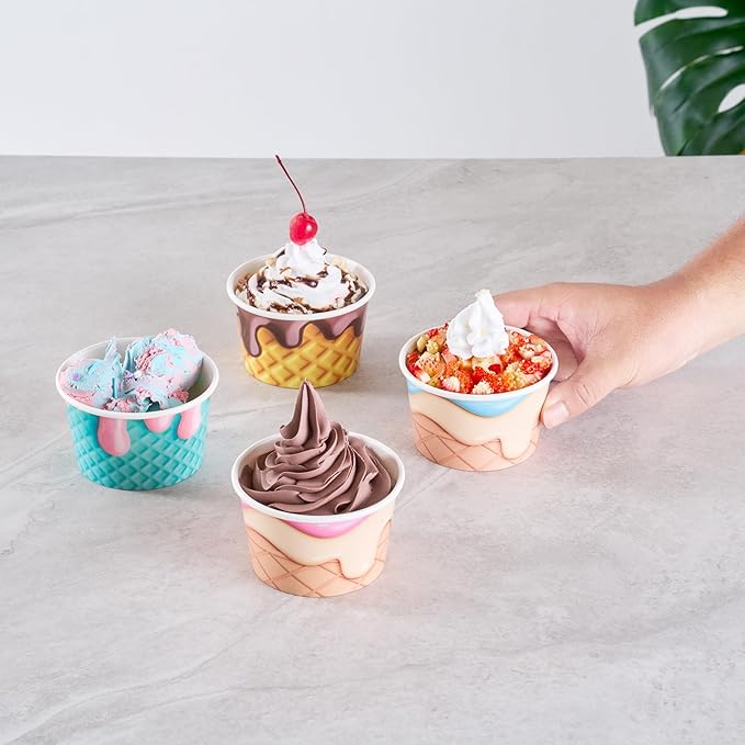 Restaurantware Paper Cups 200 Count 8 Ounce Square Disposable Ice Cream Containers, Leak-Resistant Paper Dessert To Go Cups, Hot And Cold Food, Durable Assorted Cone Design