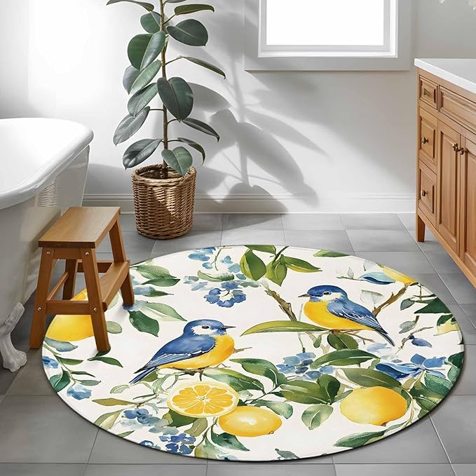Washable Round Area Rug Pastoral Vintage Lemon Blue Bird Circle Rugs Floor Carpet for Living Room Bedroom, Retro Yellow Fruit Flowers Soft Non Slip Round Rug 3ft