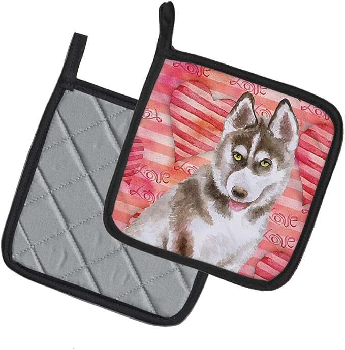 Caroline's Treasures BB9783PTHD Siberian Husky Grey Love Pair of Pot Holders, Red Kitchen Heat Resistant Pot Holders Sets Oven Hot Pads for Cooking Baking BBQ, 7 1/2 x 7 1/2