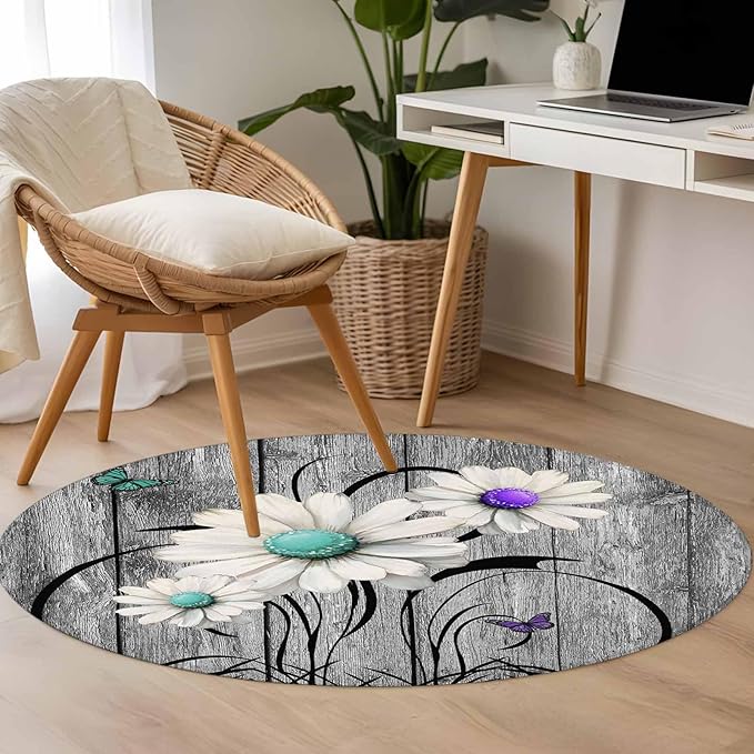 Washable Round Area Rug Farm Daisy Shabby Wood Grain Circle Rugs Floor Carpet for Living Room Bedroom, Vintage Flower Plant Butterfly Soft Non Slip Round Rug 3ft