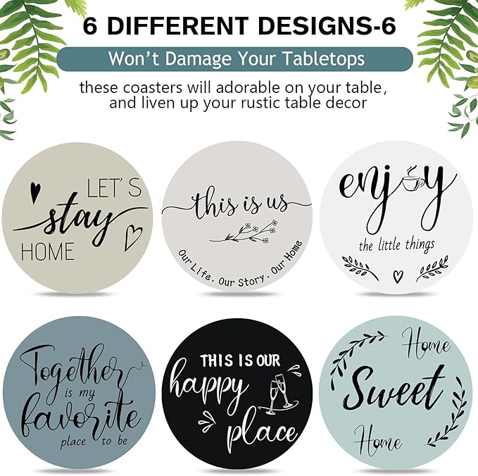 Queekay Coasters Set of 6 House Warming Gifts New Home Wooden Farmhouse Drink Coasters with Holder 4'' Funny Decoration for Kitchen Family Coffee Bar Tabletop Protection(Gray Blue)
