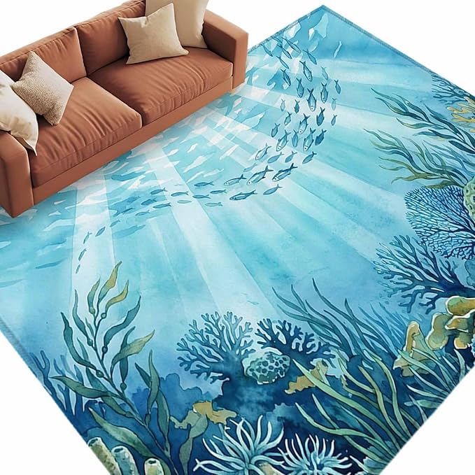 Area Rug 6x9ft, Underwater World Coral Seaweed Washable Rugs for Living Room Bedroom, Seafloor Ocean Life Fish Soft Non-Slip Area Rugs Rectangle Floor Carpet for Dining Room