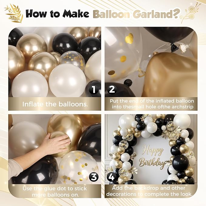 Black and Gold Balloon Arch Garland Kit 150pcs 2026 New Year's, Double Stuffed Pearl Sand White Black Chrome Gold Balloons Arch Kit for Graduation Father's Day Birthday Party Decoration