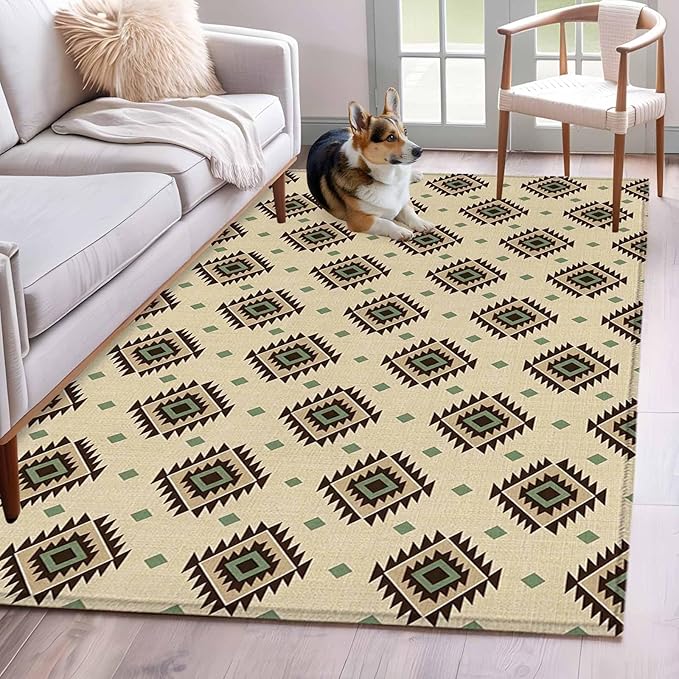 Area Rug 4x6ft, Boho Tribal Diamond Pattern Washable Rugs for Living Room Bedroom, Ethnic Style Art Soft Non-Slip Area Rugs Rectangle Floor Carpet for Dining Room