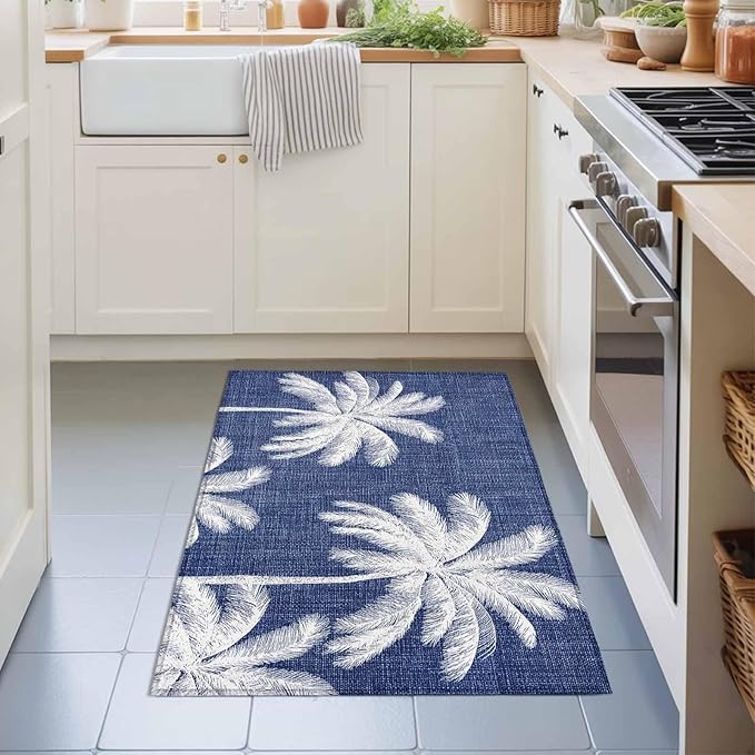 Area Rug 2x3ft, Coastal Palm Trees on Blue Washable Rugs for Living Room Bedroom, Minimalist Tropical Leaves Soft Non-Slip Area Rugs Rectangle Floor Carpet for Dining Room