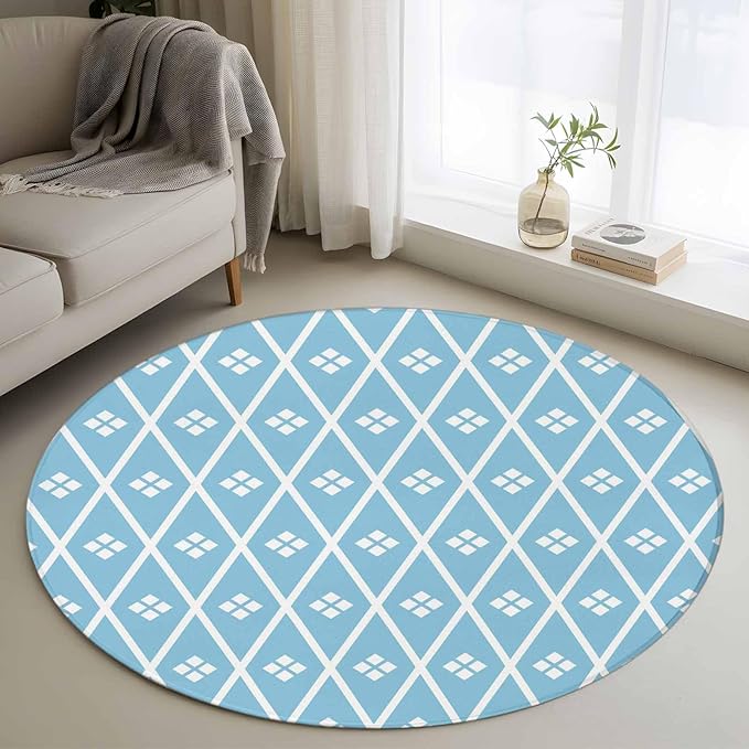 Washable Round Area Rug Boho Blue White Plaid Line Circle Rugs Floor Carpet for Living Room Bedroom, Abstract Geometric Diamond Soft Non Slip Round Rug 3ft
