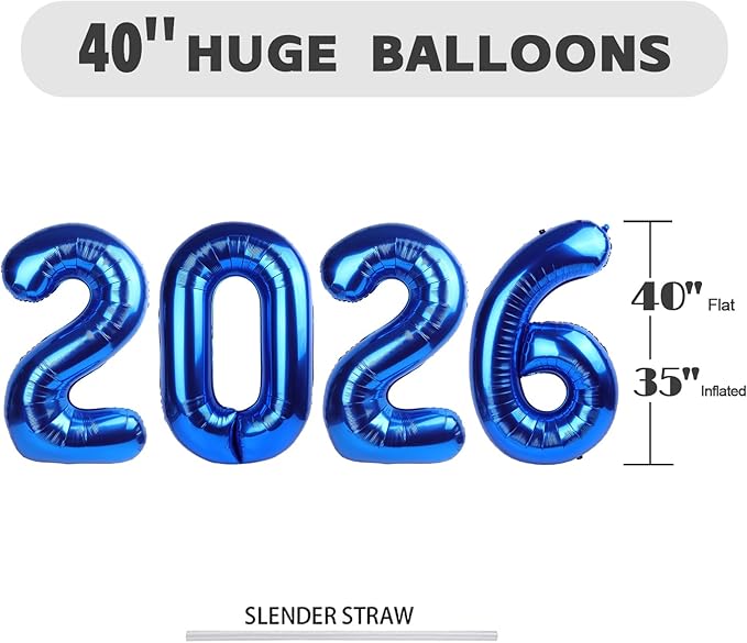 2026 Number Balloon 40 Inch, Dark Blue Eve Party Decorations 2026 Balloon for Happy New Years, Number Balloons for 20 26 Girls Boys Babies, Wedding Bridal Shower Anniversaries Party