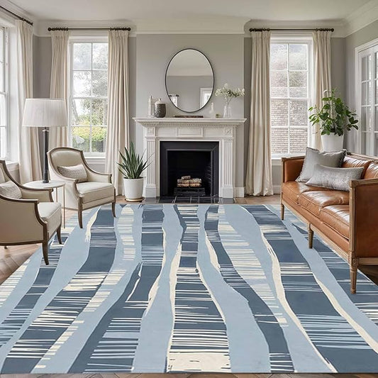 Area Rug 9x12ft, Navy Blue Ocean Waves Coastal Horizon Washable Rugs for Living Room Bedroom Rectangle Floor Carpet, Abstract Art Soft Non-Slip Area Rugs for Dining Room