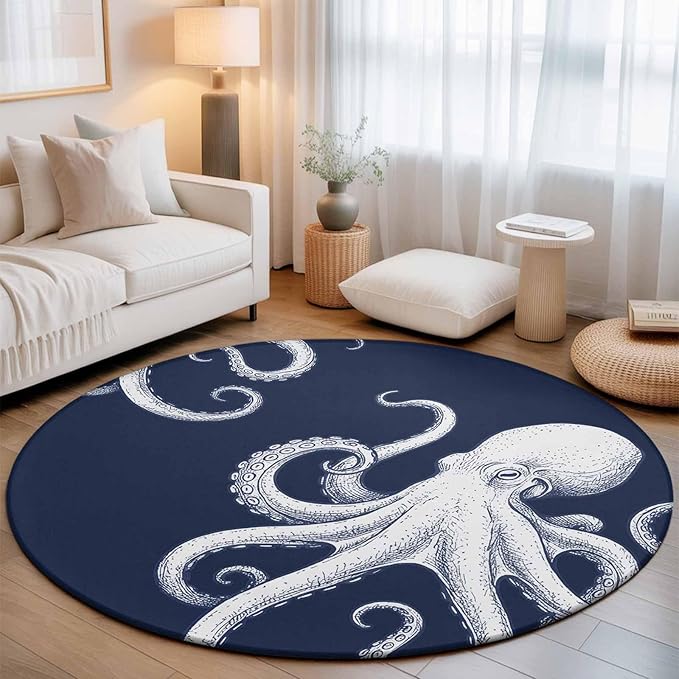 Washable Round Area Rug Underwater Ocean Giant Octopus Circle Rugs Floor Carpet for Living Room Bedroom, Navy Blue White Marine Life Soft Non Slip Round Rug 3ft