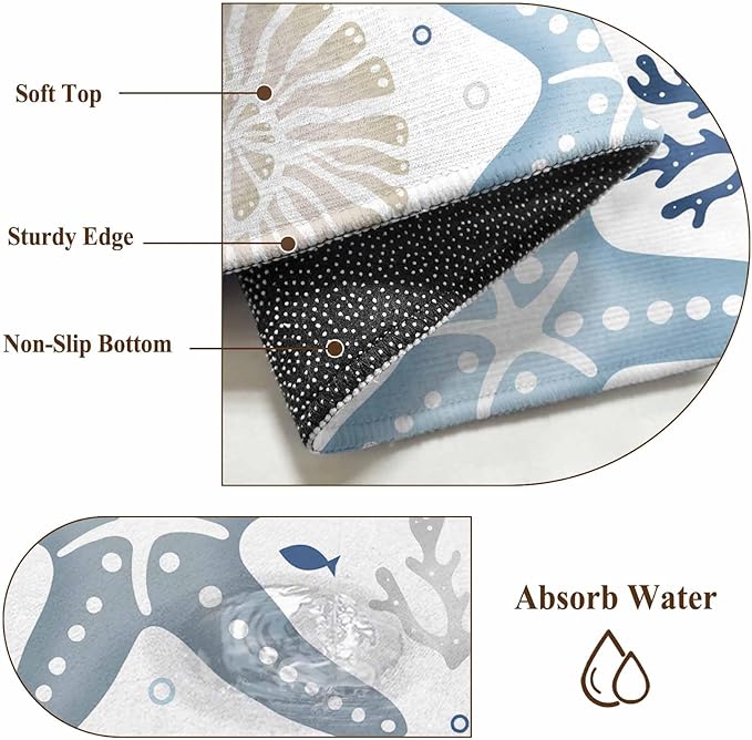 Washable Round Area Rug Ocean Starfish Shell Conch Circle Rugs Floor Carpet for Living Room Bedroom, Sea Blue Coral Seamless Soft Non Slip Round Rug 3ft