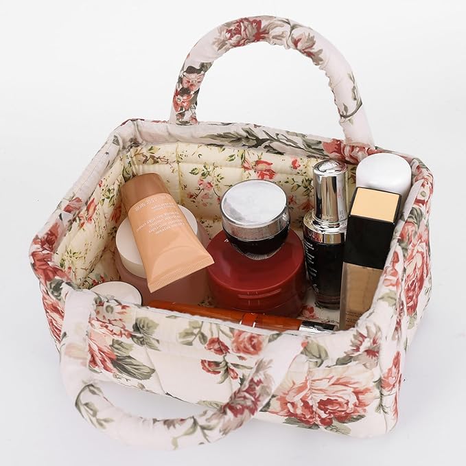 Quilted Fabric Storage Basket Floral Baby Diaper Caddy Quilted Basket for Nursery Bedroom Car Storage