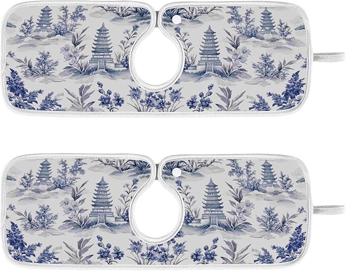 Kitchen Faucet Absorbent Mat, Ink Chinese Pagodas Trees Water Splash Guard for Sink, Faucet Drip Catcher Thicken Sponge Microfiber Faucet Water Catcher Mat Sink Absorbent Mat for Kitchen 14x5in 2Pack