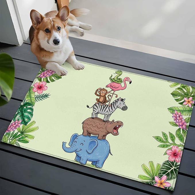 Area Rug 2x3ft, Funny Elephant Zebra Flamingo Washable Rugs for Living Room Bedroom, Tropical Leaves Floral Soft Non-Slip Area Rugs Rectangle Floor Carpet for Dining Room