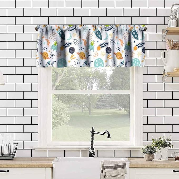 Kids Space Alien Valance, Cute Fun Cartoon Universe Planet Stars Rocket Short Rod Pocket Window Treatment for Kitchen Bedroom Nursery Classroom Decor, 54x18Inch