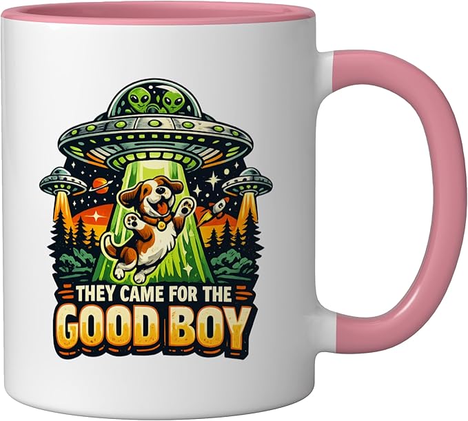 Retro sci-fi dog ufo humor they came for the good boy Ceramic Mug, Pink/White
