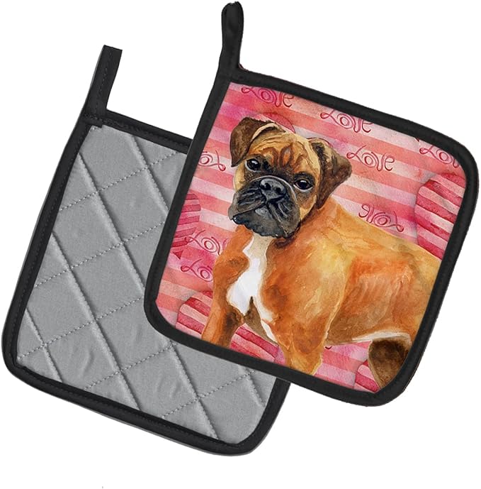Caroline's Treasures BB9727PTHD German Boxer Love Pair of Pot Holders, Red Kitchen Heat Resistant Pot Holders Sets Oven Hot Pads for Cooking Baking BBQ, 7 1/2 x 7 1/2