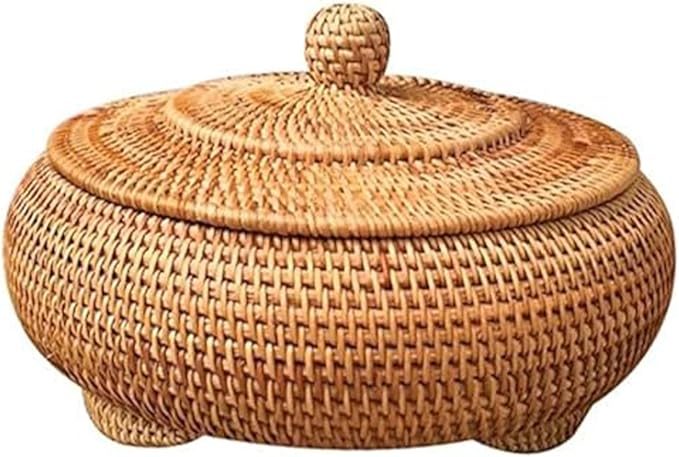 Round Rattan Box with Lid, 8.7x4 Inch Rattan Basket Hand-Woven Round Woven Basket Desktop Decorative Box for Home Farmhouse Kitchen..