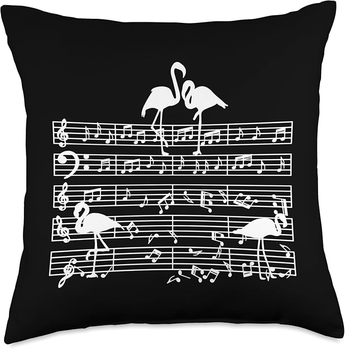 Music Notes with Flamingo on Music Sheet - Music Teacher Throw Pillow