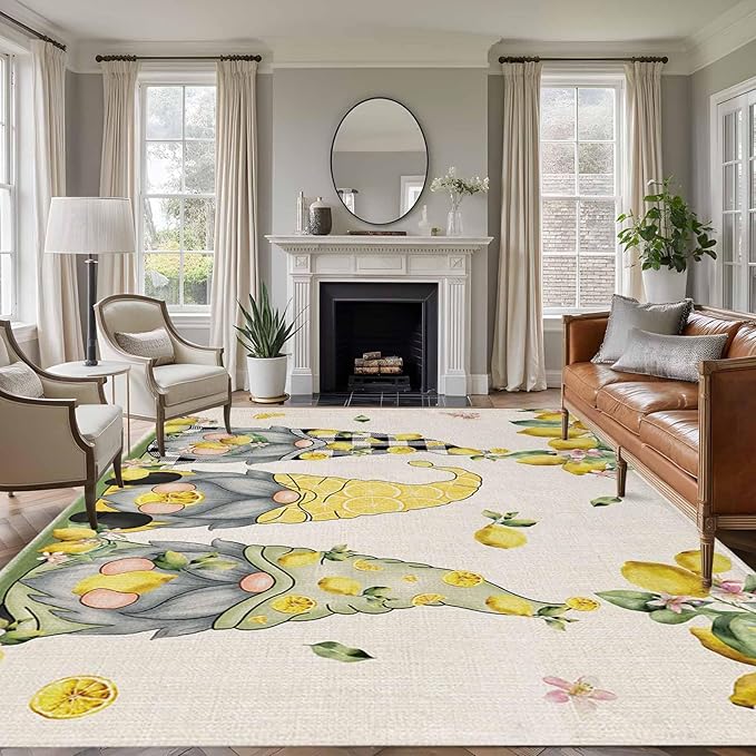 Area Rug 6x9ft, Summer Gnome with Lemon Washable Rugs for Living Room Bedroom, Farmhouse Dwarf Fruit on Linen Soft Non-Slip Area Rugs Rectangle Floor Carpet for Dining Room