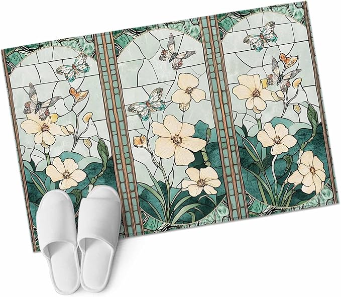 Area Rug 2x3ft, Spring Flower Colorful Butterfly Washable Rugs for Living Room Bedroom, Vintage Green Plant Soft Non-Slip Area Rugs Rectangle Floor Carpet for Dining Room