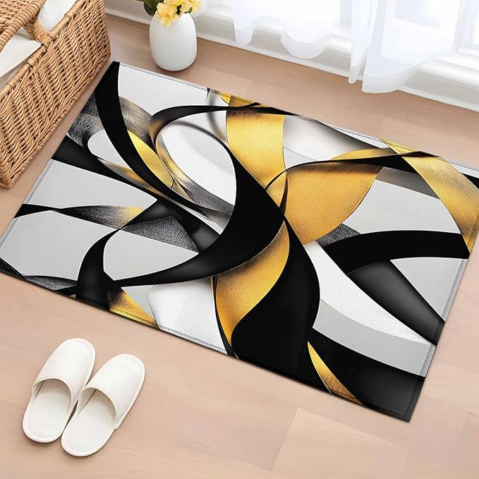 Area Rug 2x3ft, Modern Geometric Stripe Texture Washable Rugs for Living Room Bedroom, Abstract Gold Black White Line Soft Non-Slip Area Rugs Rectangle Floor Carpet for Dining Room