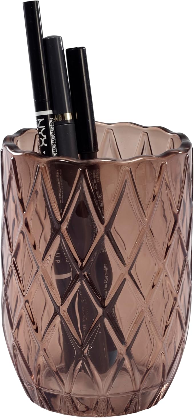 Nicole Miller – Tumbler, Embossed Glass with Scalloped Edge, Trellis Home Decor – Perfect for Holding Toothbrushes and Bathroom Essentials (Bijou Brown)