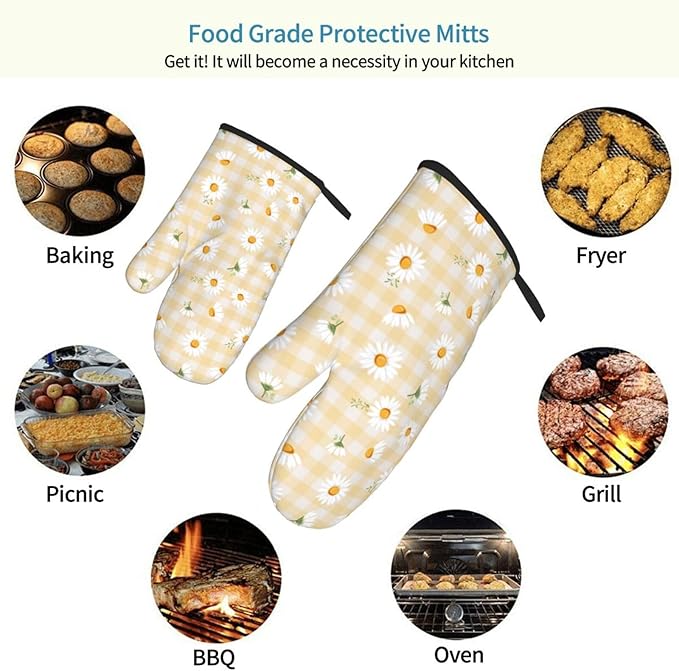Daisy Flower Oven Mitts of 2 Pack, Funny Kitchen Gloves Heat Resistant Non-Slip Kitchen Mitts for Cooking Baking Grilling