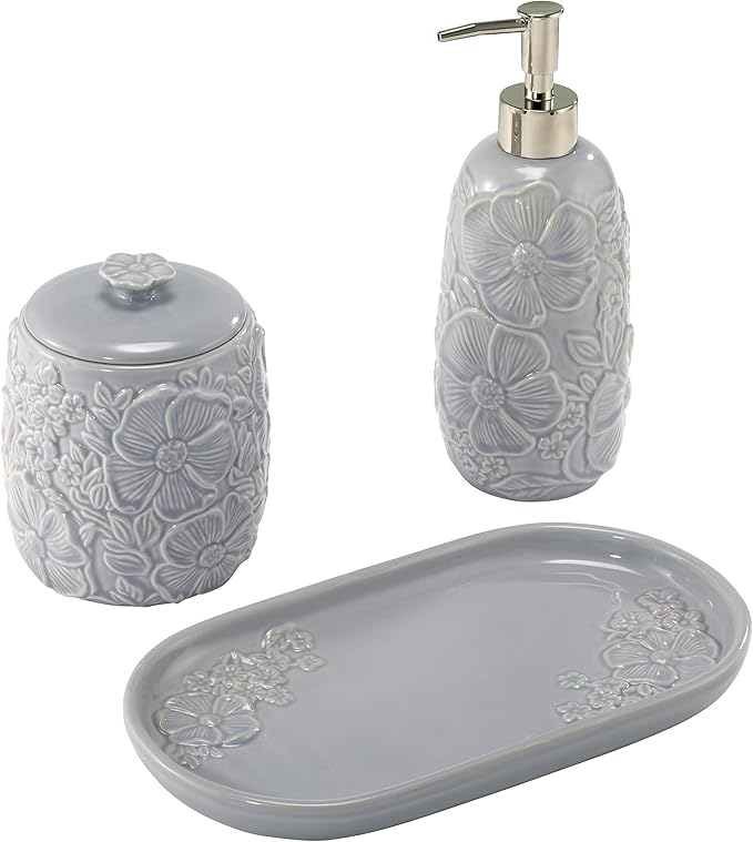 Nicole Miller – Vanity Accessory Set, Durable Ceramic with Dimensional Floral Design & Hand-Painted Accents, Decorative Lotion Pump, Vanity Tray, & Covered Jar (Camille)
