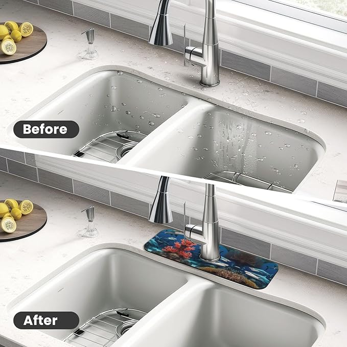 Submarine Shark Coral Printed Faucet Absorbent mat, Suitable for bathrooms, Kitchens, and Other Sink Areas.