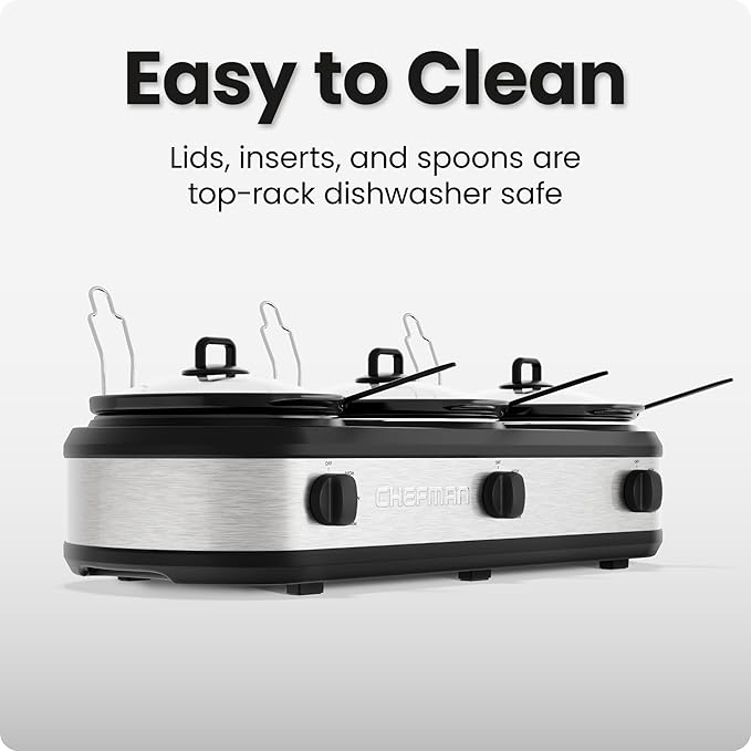 Chefman Triple Slow Cooker & Food Warmer, Three Crock Slowcooker with 2.5 Qt. Ceramic Crocks, 7.5-Quart Total Capacity, PFAS-Free, Three Temperature Settings, Dishwasher-Safe Parts – Stainless Steel