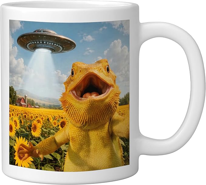 Funny Bearded Dragon Selfie with Alien UFO Ceramic Mug, White