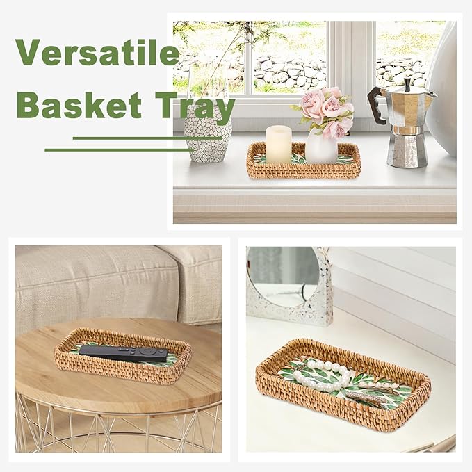Decorative Key Basket Tray fot Entryway Table Woven Rattan Tray with Mother-of-Pearl Inlay Rectangular Wicker Display Basket for Jewlry, Green