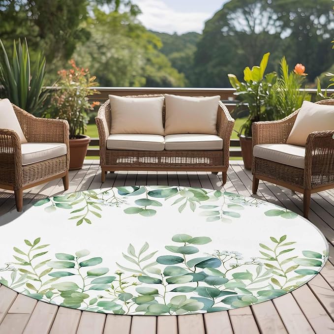 Sage Green Eucalyptus Leaves 7ft Round Rug, Farmhouse Botanical Non-Skid Rubber Backing Large Area Rugs - Living Room Bedroom Home Office, Country Indoor Floor Mat Carpets Washable Rug