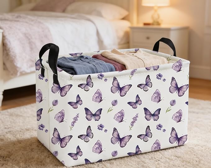 Essme Rectangular Kids Baskets,Butterfly Storage Box,Cute Basket for Kids with Handles for Room Decor, Book Bins.(Purple butterfly)