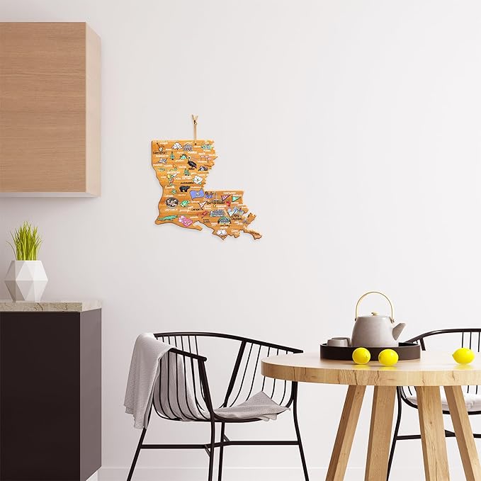Totally Bamboo Louisiana State Shaped Cutting Board and Charcuterie Serving Platter with Artwork by Fish Kiss, Includes Hang Tie for Wall Display