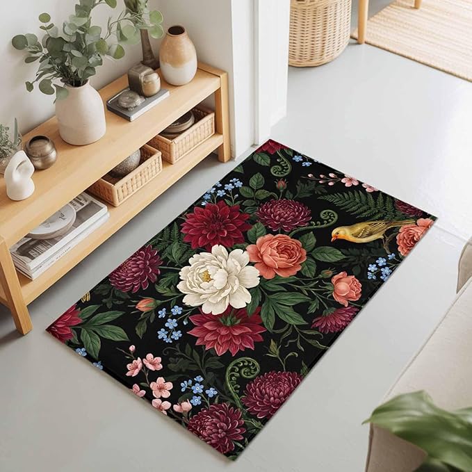 Area Rug 2x3ft, Pastoral Colorful Flower Leaf Washable Rugs for Living Room Bedroom, Country Blossom Floral Bird Soft Non-Slip Area Rugs Rectangle Floor Carpet for Dining Room